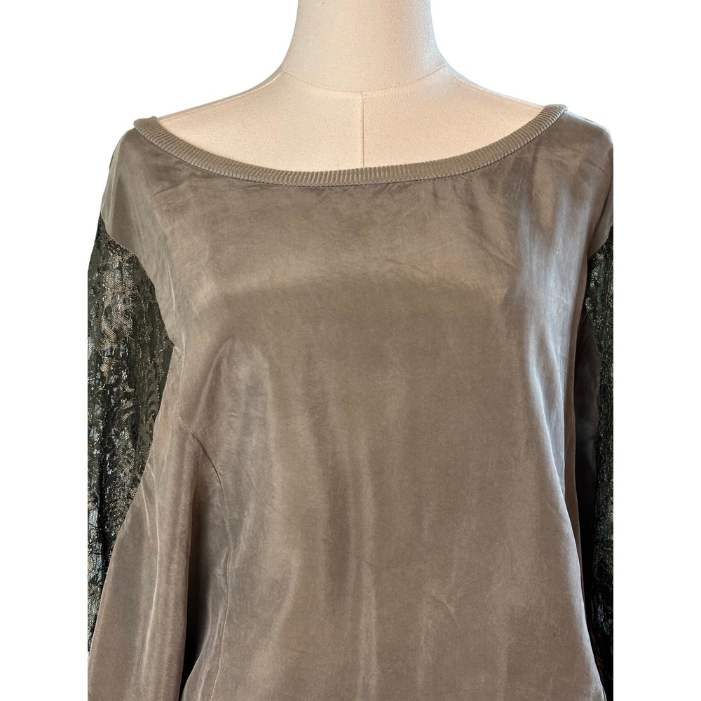 Miss‎ Ferriday Taupe Silk Blouse Lace Sleeves Mixed Media Romantic Top - Picture 2 of 9